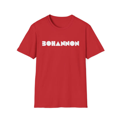 Red t-shirt with white "BOHANNON" text and geometric shapes.