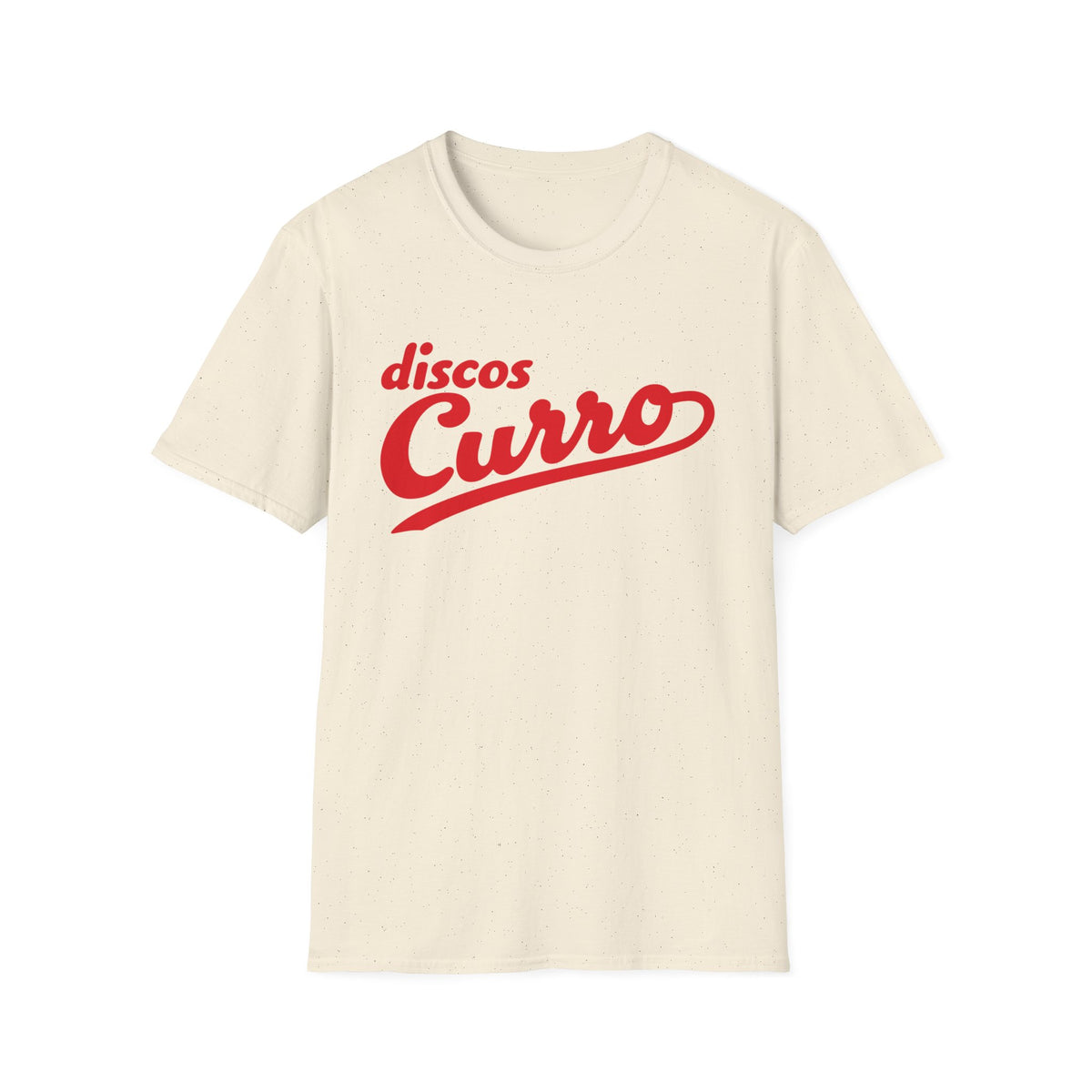 Cream t-shirt with red "discos Curro" text logo.