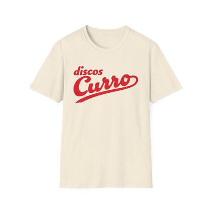 Cream t-shirt with red "discos Curro" text logo.