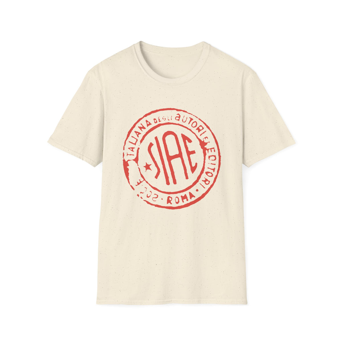 Cream t-shirt with red SIAE logo featuring text "ITALIANA DEGLI AUTORI EDITORIE ROMA 2002"
