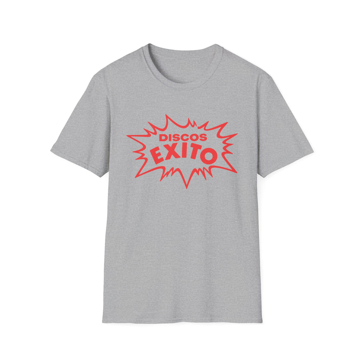Grey t-shirt with red "DISCOS" and "EXITO" text in a starburst graphic.