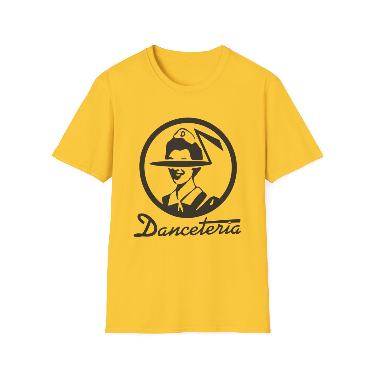 Yellow t-shirt with black "Danceteria" logo featuring a portrait in a circle.