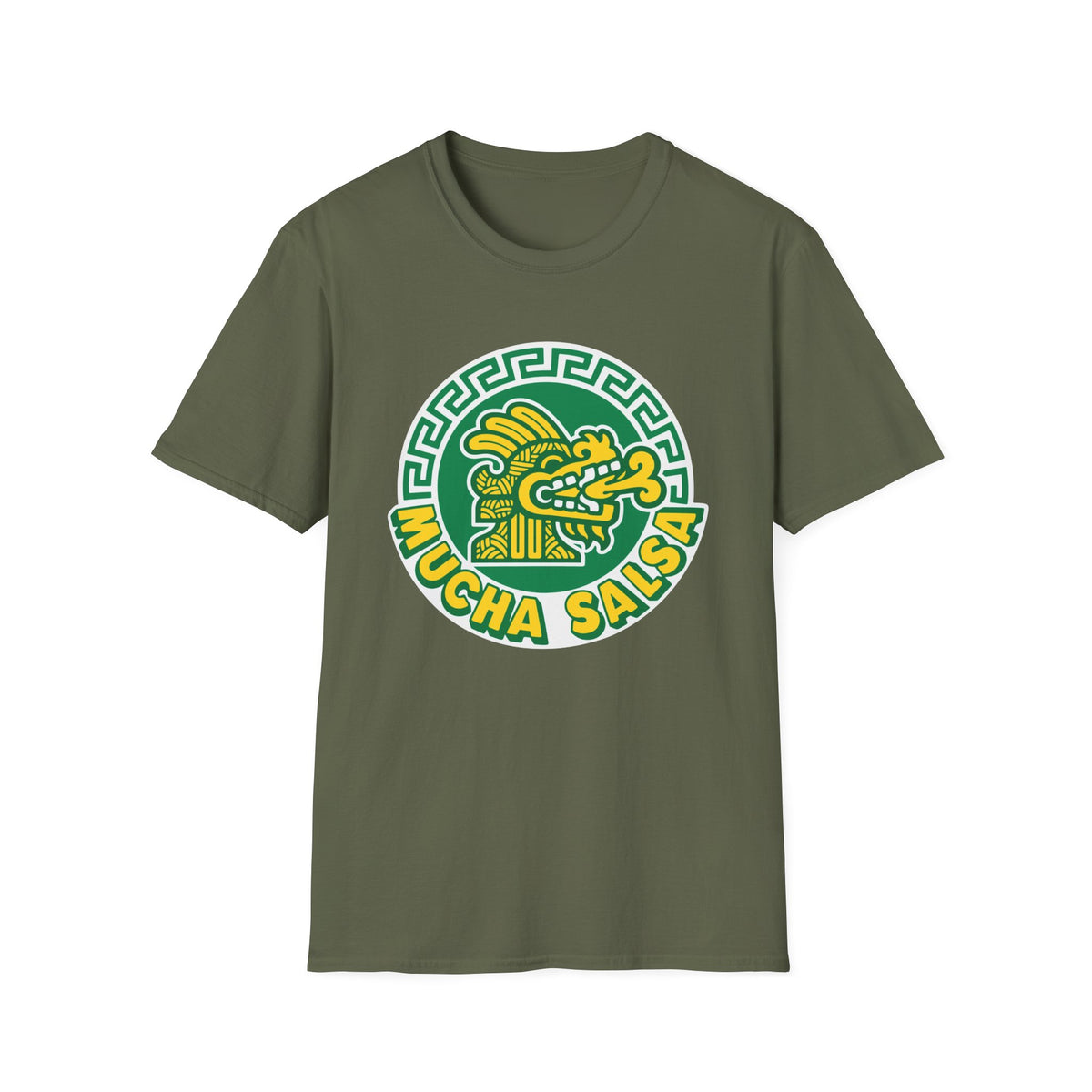 Green t-shirt with a circular logo featuring a feathered serpent and "MUCHA SALSA" text.