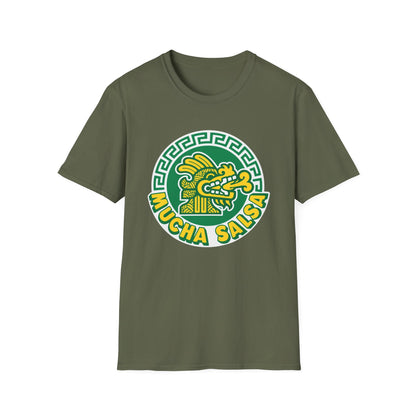 Green t-shirt with a circular logo featuring a feathered serpent and "MUCHA SALSA" text.