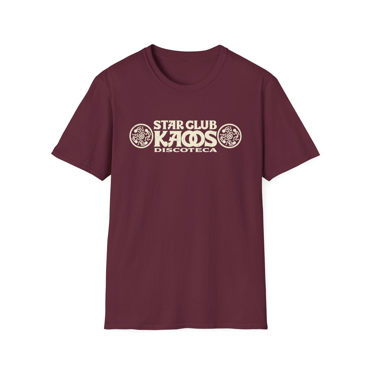 Maroon t-shirt with "STAR CLUB KAOS DISCOTECA" text and graphics.