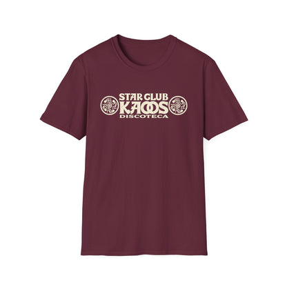 Maroon t-shirt with "STAR CLUB KAOS DISCOTECA" text and graphics.