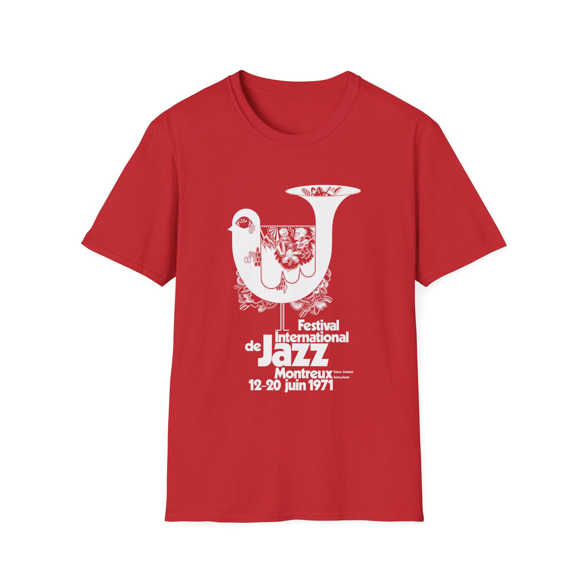 Red t-shirt with white graphic for Montreux Jazz Festival 1971.