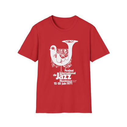 Red t-shirt with white graphic for Montreux Jazz Festival 1971.