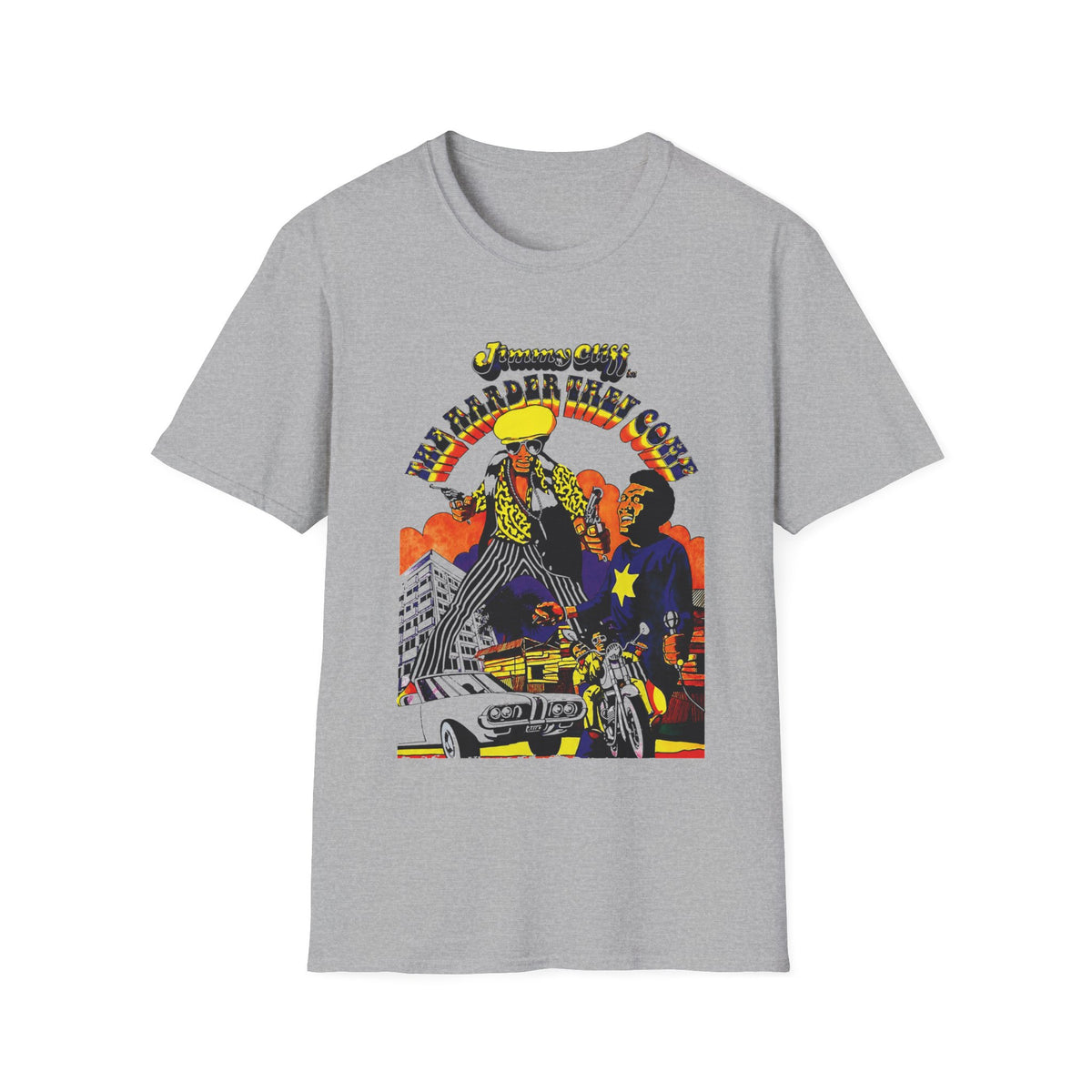 Jimmy Cliff The Harder They Come graphic t-shirt with stylized figures.