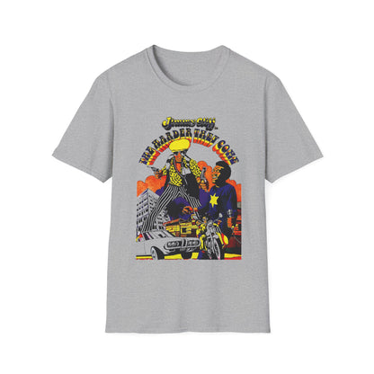 Jimmy Cliff The Harder They Come graphic t-shirt with stylized figures.