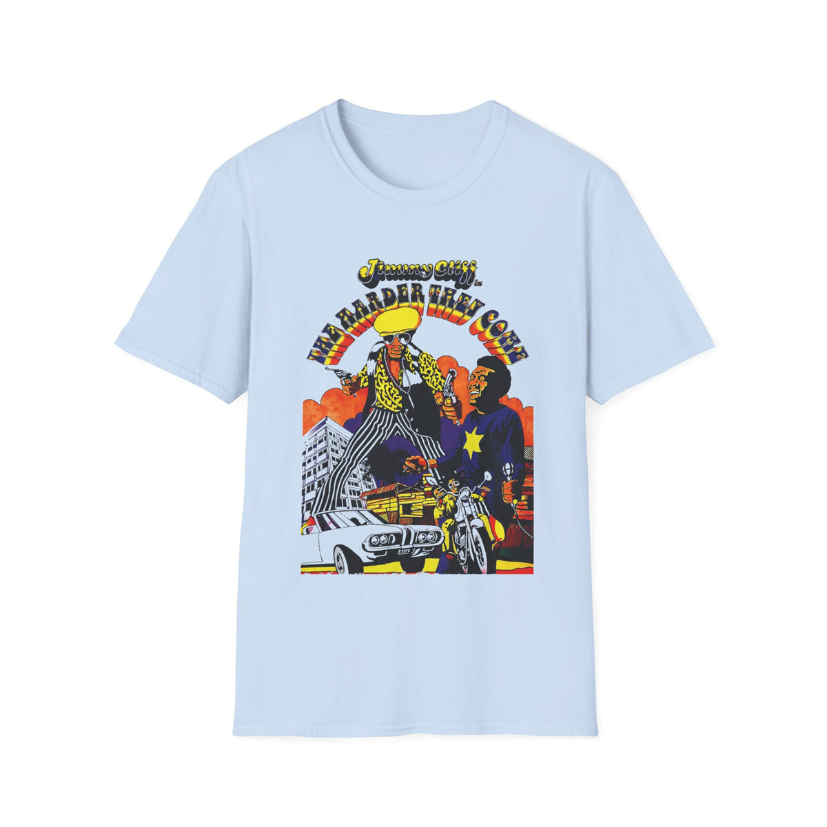Jimmy Cliff "The Harder They Come" graphic on a light blue t-shirt.