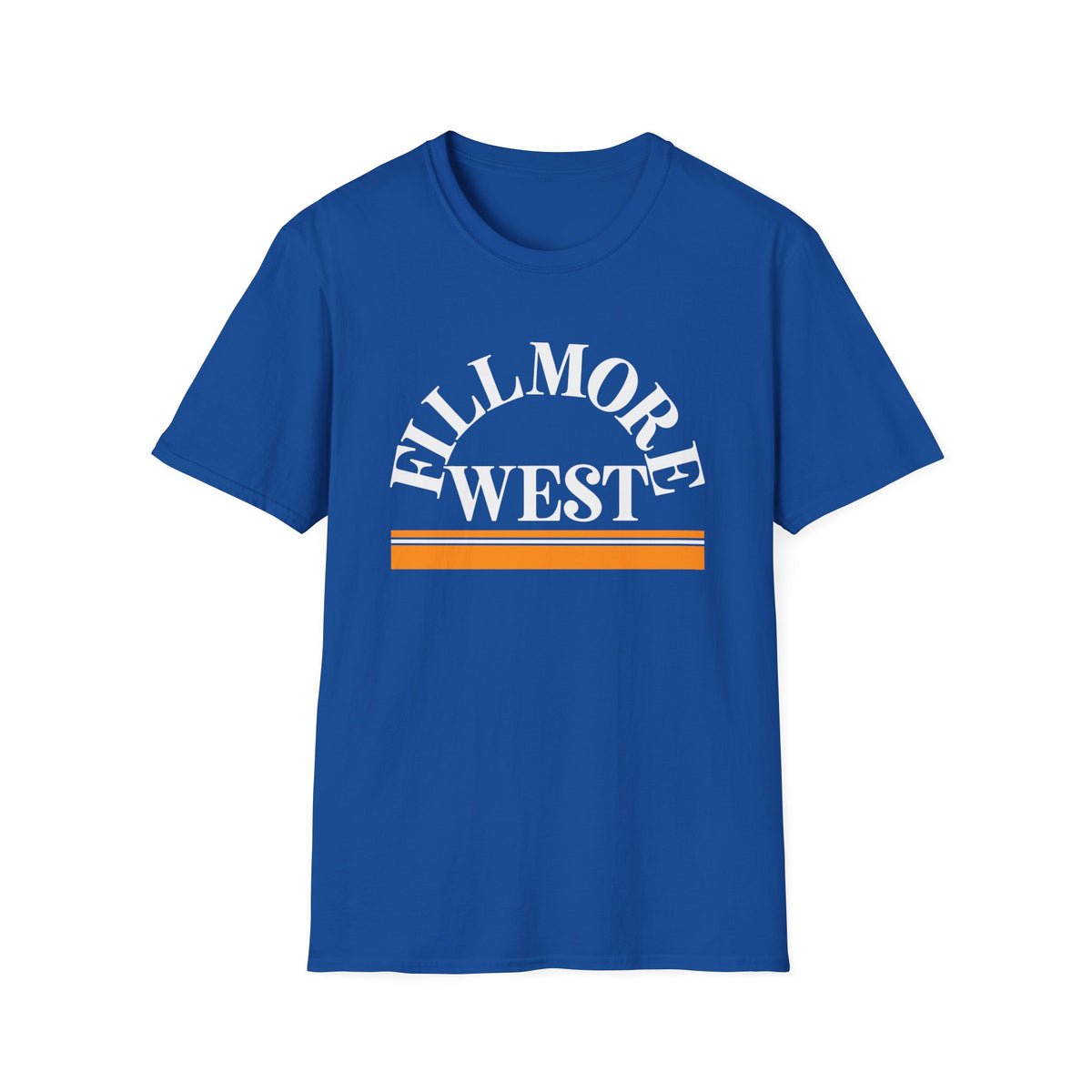Blue t-shirt with white text "Fillmore West" and orange stripes.