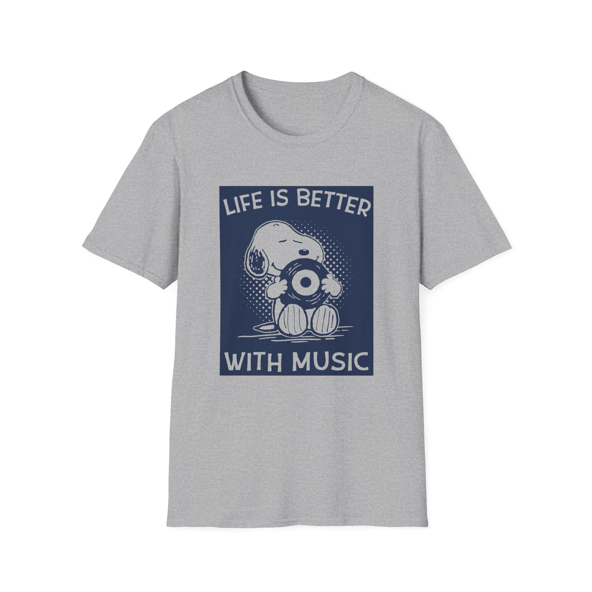 Snoopy on a grey t-shirt holding a record with text "Life is Better With Music."