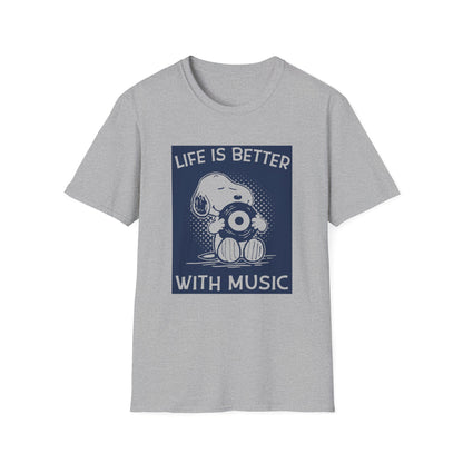 Snoopy on a grey t-shirt holding a record with text "Life is Better With Music."