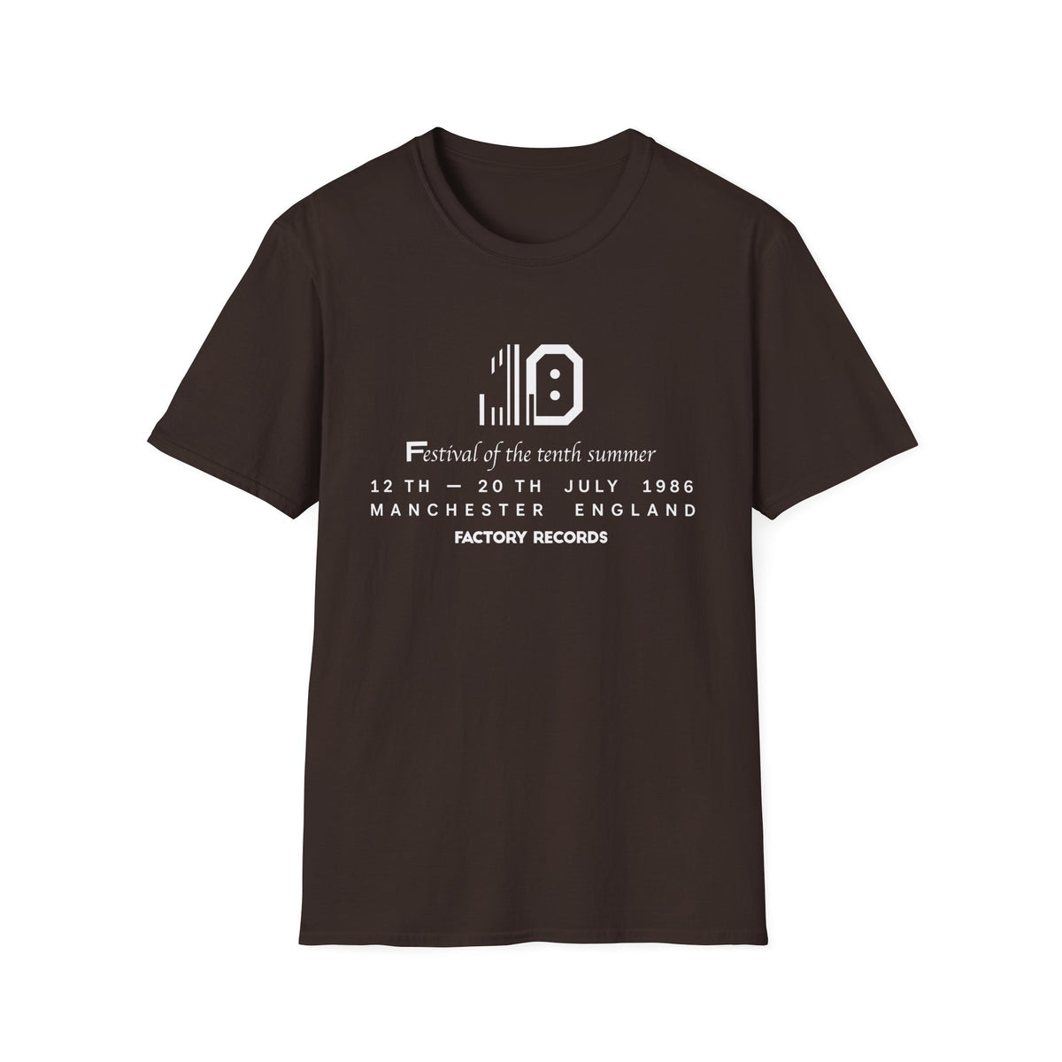 Brown t-shirt with "Factory Records" text and festival details.