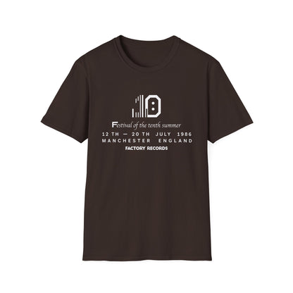 Brown t-shirt with "Factory Records" text and festival details.