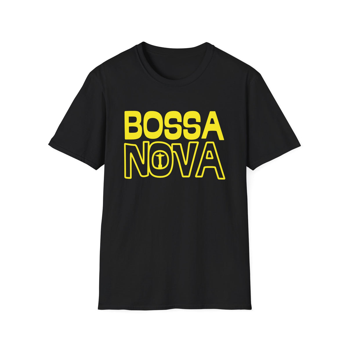 Black t-shirt with yellow "BOSSA NOVA" text and an icon in the "O" of NOVA.