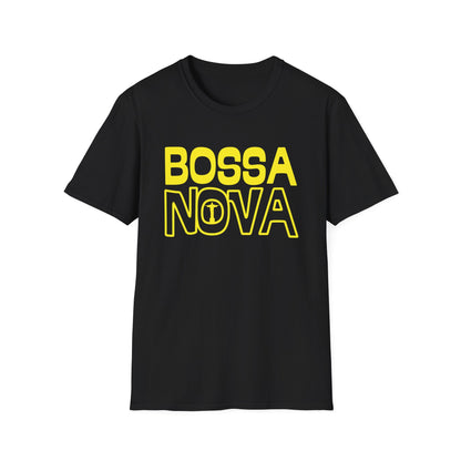 Black t-shirt with yellow "BOSSA NOVA" text and an icon in the "O" of NOVA.