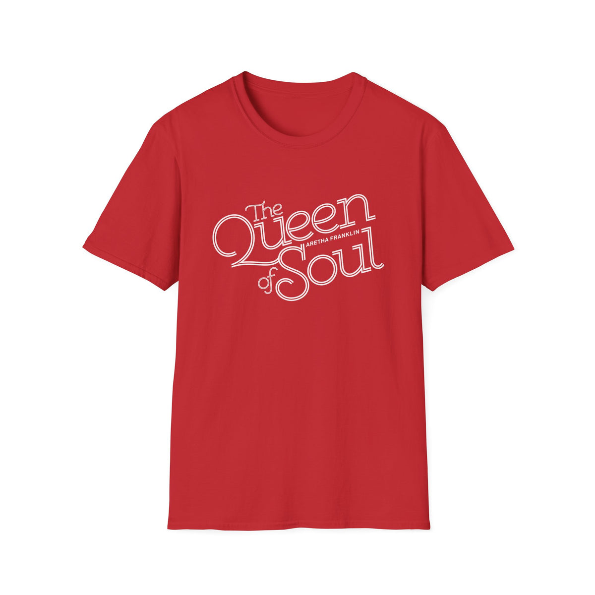 Red t-shirt with white text: "The Queen of Soul" and "Aretha Franklin".