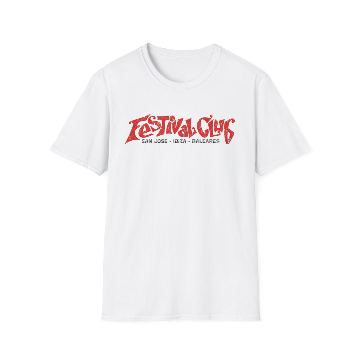 White t-shirt with red "Festival Club" text and "San Jose - Ibiza - Baleares" below.