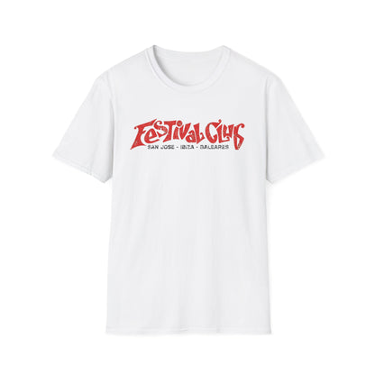White t-shirt with red "Festival Club" text and "San Jose - Ibiza - Baleares" below.