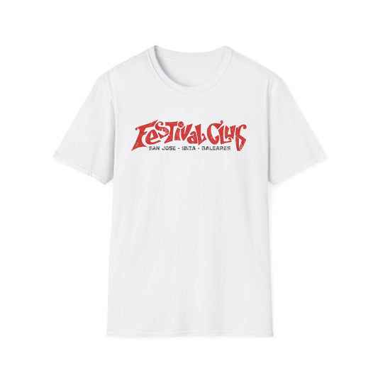 White t-shirt with red "Festival Club" text and "San Jose - Ibiza - Baleares" below.
