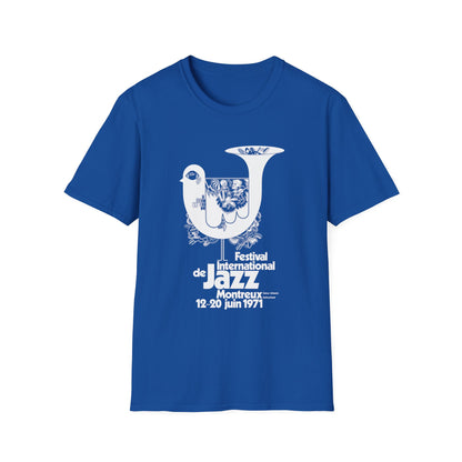 Royal blue t-shirt with white text and bird graphic for Montreux Jazz Festival 1971.