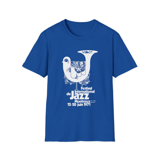 Royal blue t-shirt with white text and bird graphic for Montreux Jazz Festival 1971.
