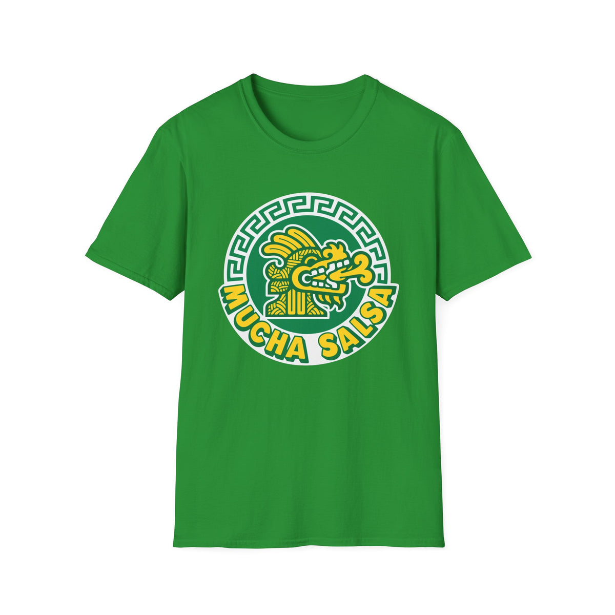 Green t-shirt with a circular emblem featuring a dragon head and "MUCHA SALSA" text.