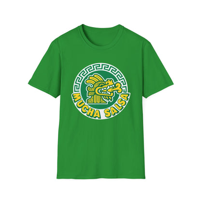 Green t-shirt with a circular emblem featuring a dragon head and "MUCHA SALSA" text.