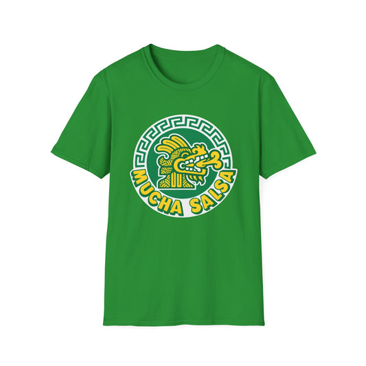 Green t-shirt with a circular emblem featuring a dragon head and "MUCHA SALSA" text.