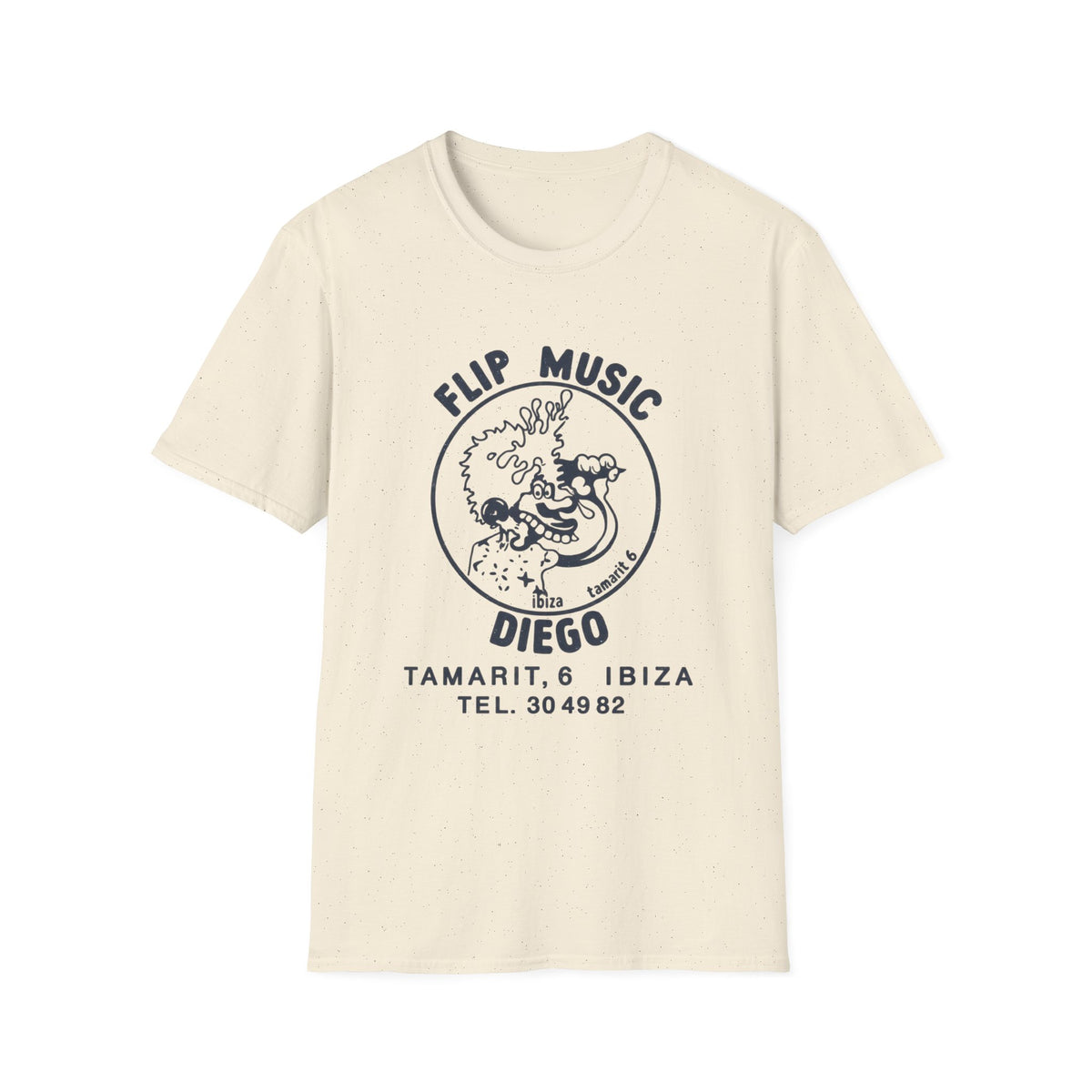 Cream t-shirt with black graphic of cartoon character, "Flip Music," and "Diego Ibiza."
