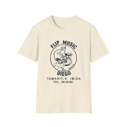 Cream t-shirt with black graphic of cartoon character, "Flip Music," and "Diego Ibiza."
