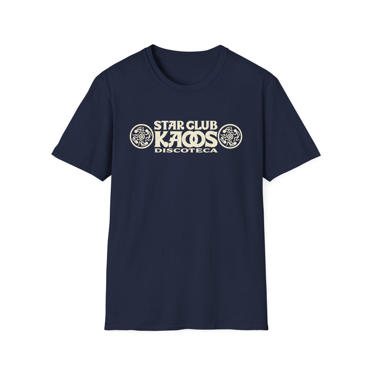 Navy t-shirt with "Star Club Kaos Discoteca" graphic and circular designs.