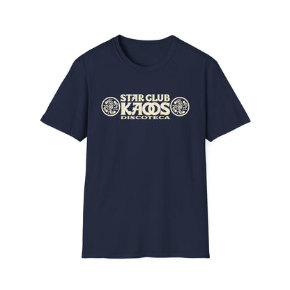 Navy t-shirt with "Star Club Kaos Discoteca" graphic and circular designs.