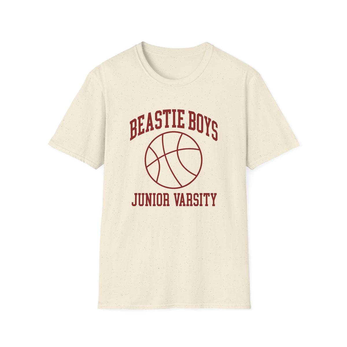 Cream t-shirt with maroon "Beastie Boys Junior Varsity" text and basketball graphic.