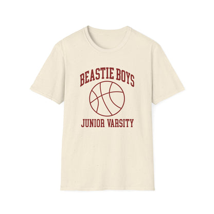 Cream t-shirt with maroon "Beastie Boys Junior Varsity" text and basketball graphic.