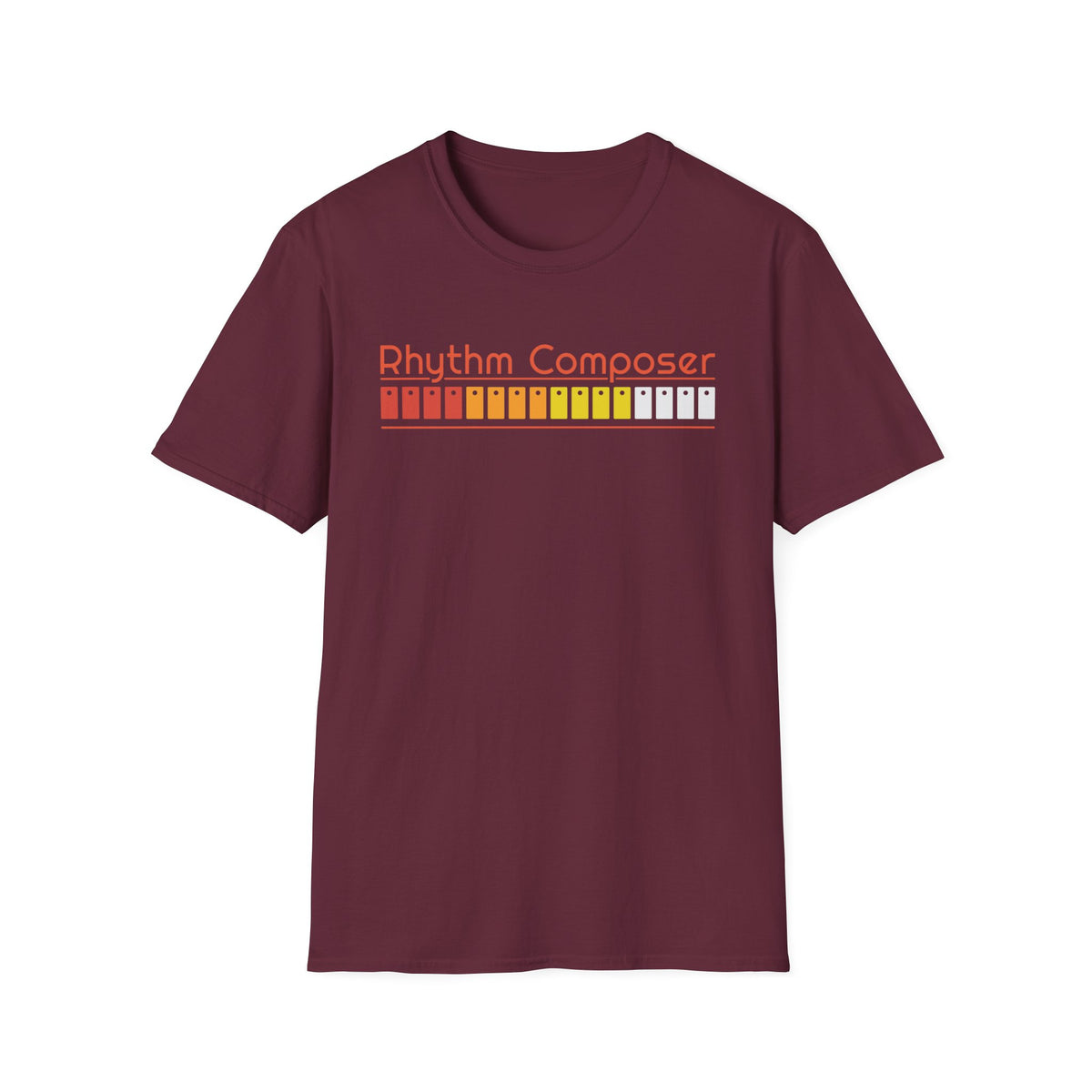 Maroon t-shirt with "Rhythm Composer" text and colorful equalizer graphic.