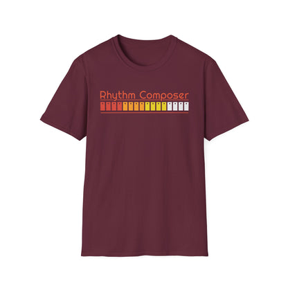 Maroon t-shirt with "Rhythm Composer" text and colorful equalizer graphic.