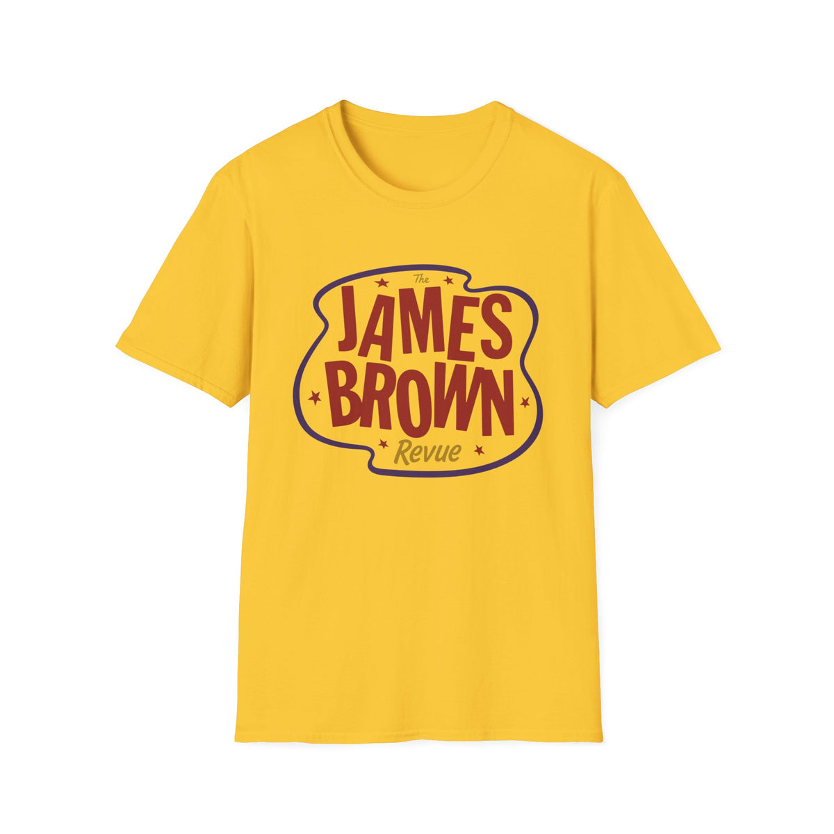 Yellow t-shirt with "The James Brown Revue" graphic in red and blue.