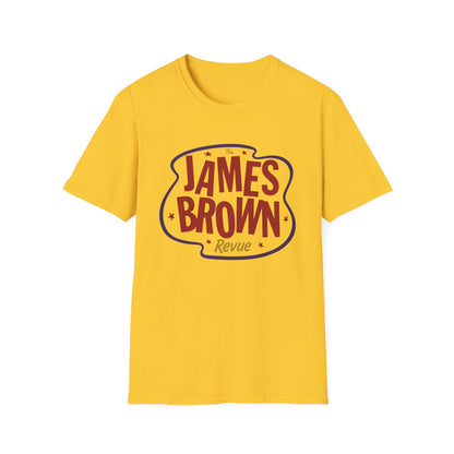 Yellow t-shirt with "The James Brown Revue" graphic in red and blue.