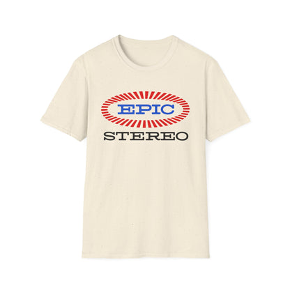 Light cream t-shirt with "EPIC STEREO" logo in red and blue oval.