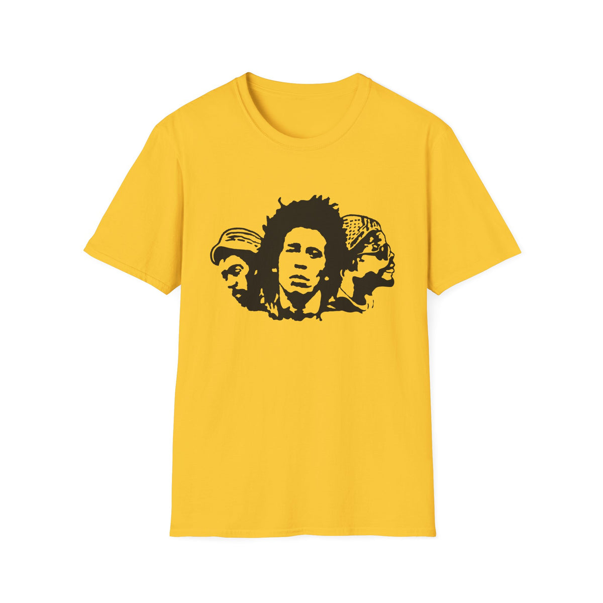 Yellow t-shirt with a black graphic of three faces in profile.