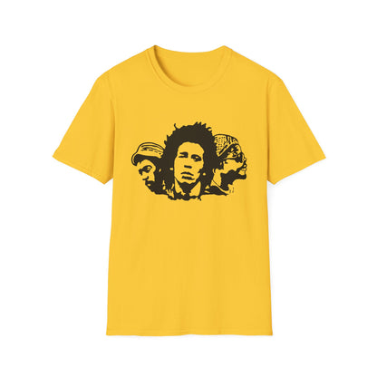 Yellow t-shirt with a black graphic of three faces in profile.