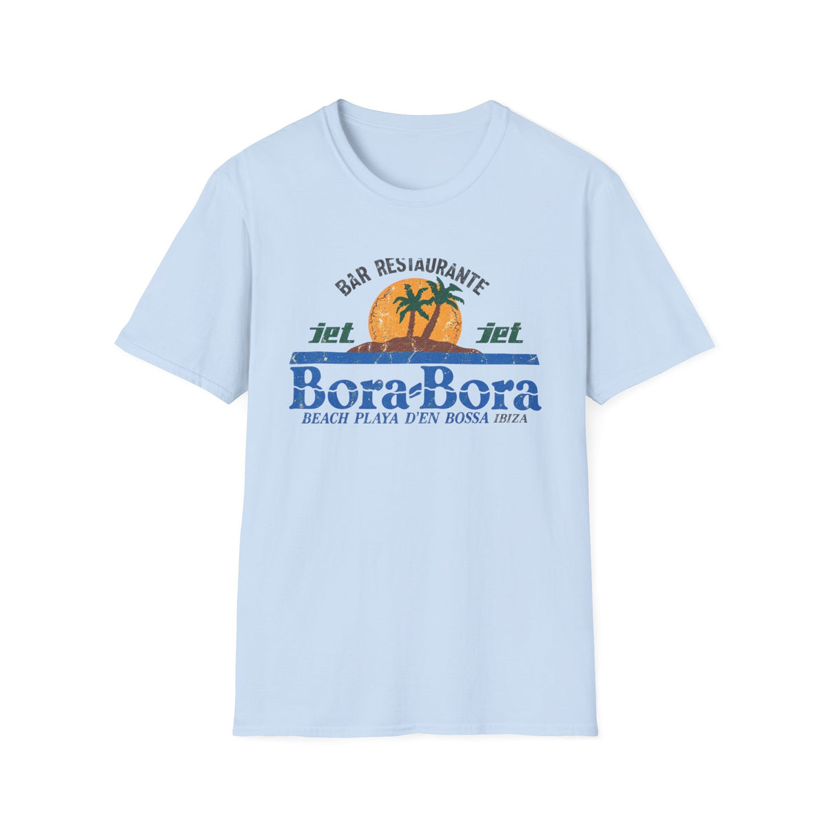Light blue t-shirt with "Bora Bora Beach Playa d'en Bossa Ibiza" graphic.