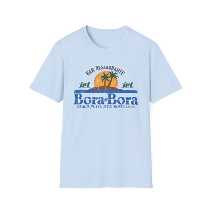Light blue t-shirt with "Bora Bora Beach Playa d'en Bossa Ibiza" graphic.