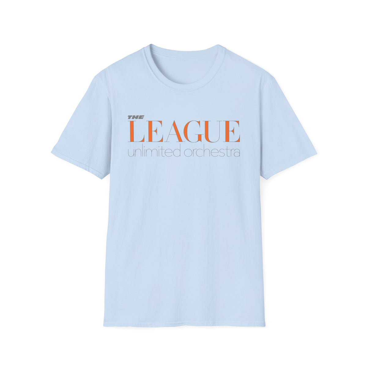 Light blue t-shirt with orange "The League Unlimited Orchestra" text.