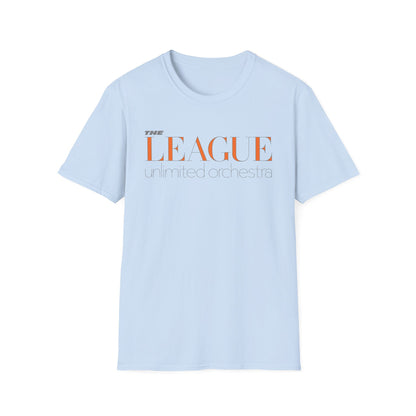 Light blue t-shirt with orange "The League Unlimited Orchestra" text.