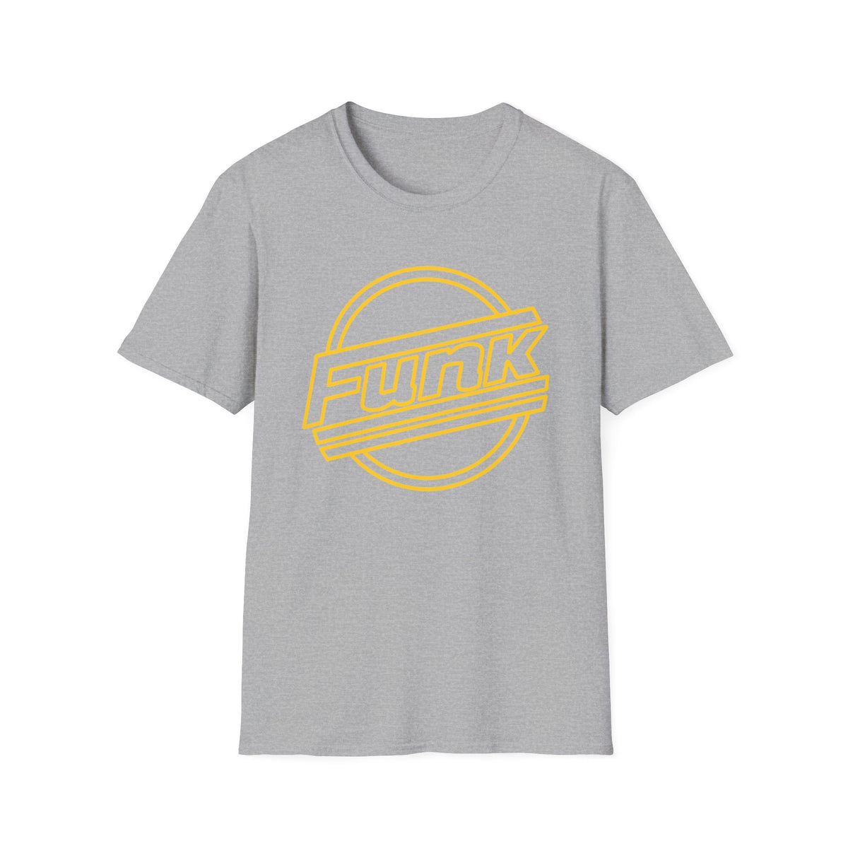 Grey t-shirt with yellow "Funk" text inside a circular outline.