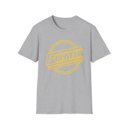 Grey t-shirt with yellow "Funk" text inside a circular outline.